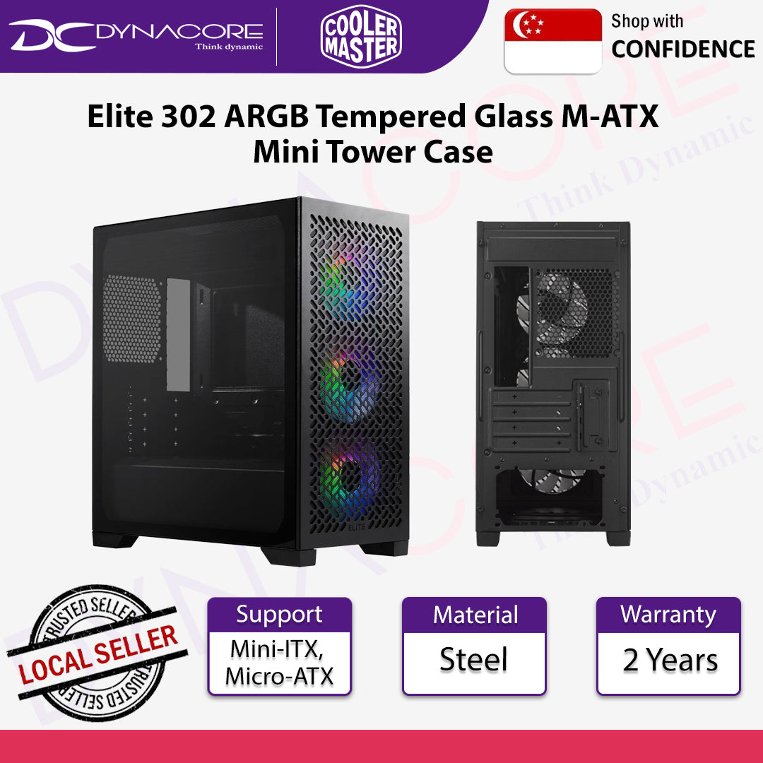 Cooler Master Elite 302 ARGB Tempered Glass M-ATX Mini Tower Case Black - CMELITE302ARGBBK