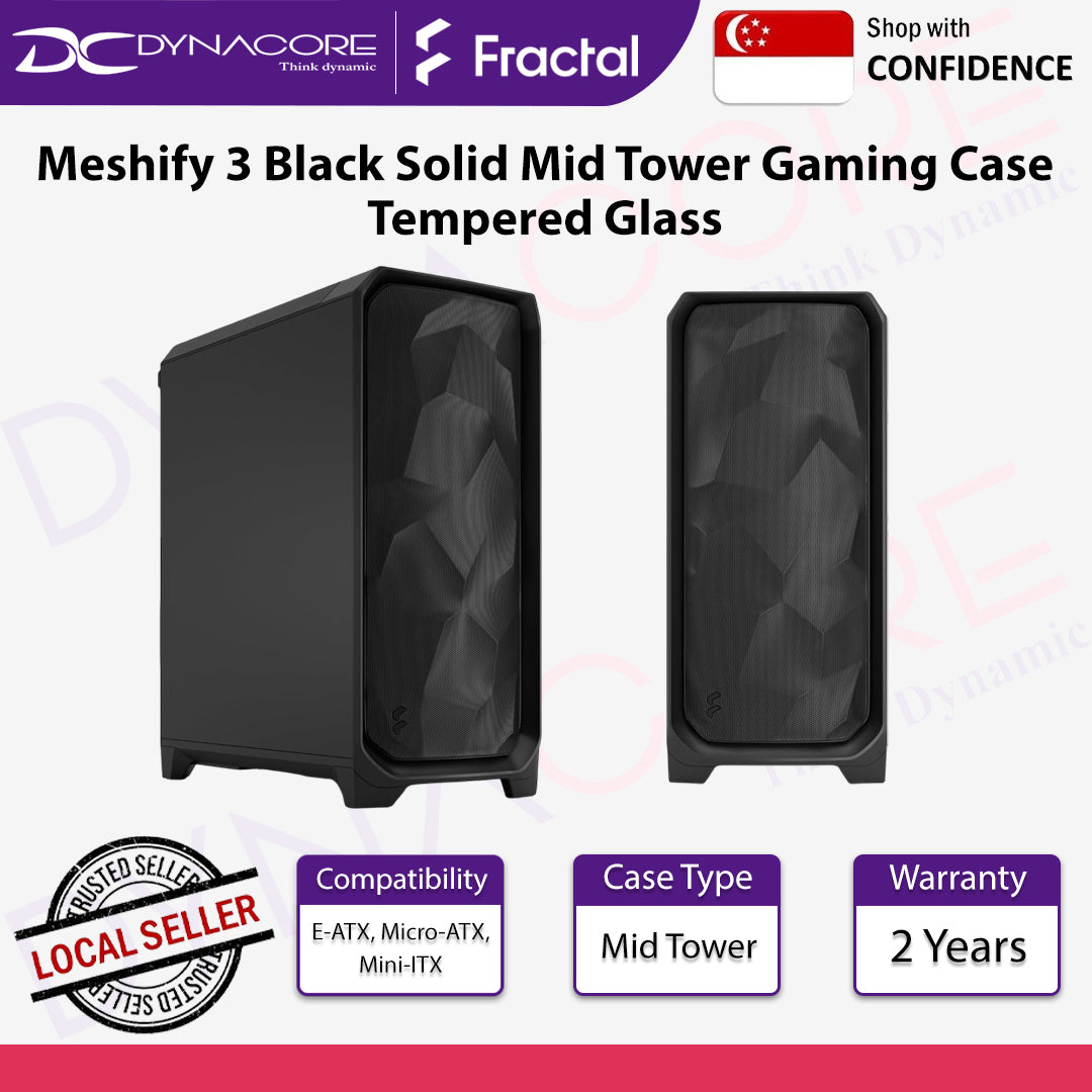 Fractal Design Meshify 3 Black Solid Mid Tower Gaming Case Tempered Glass - FDMESHIFY3BLKSOLID