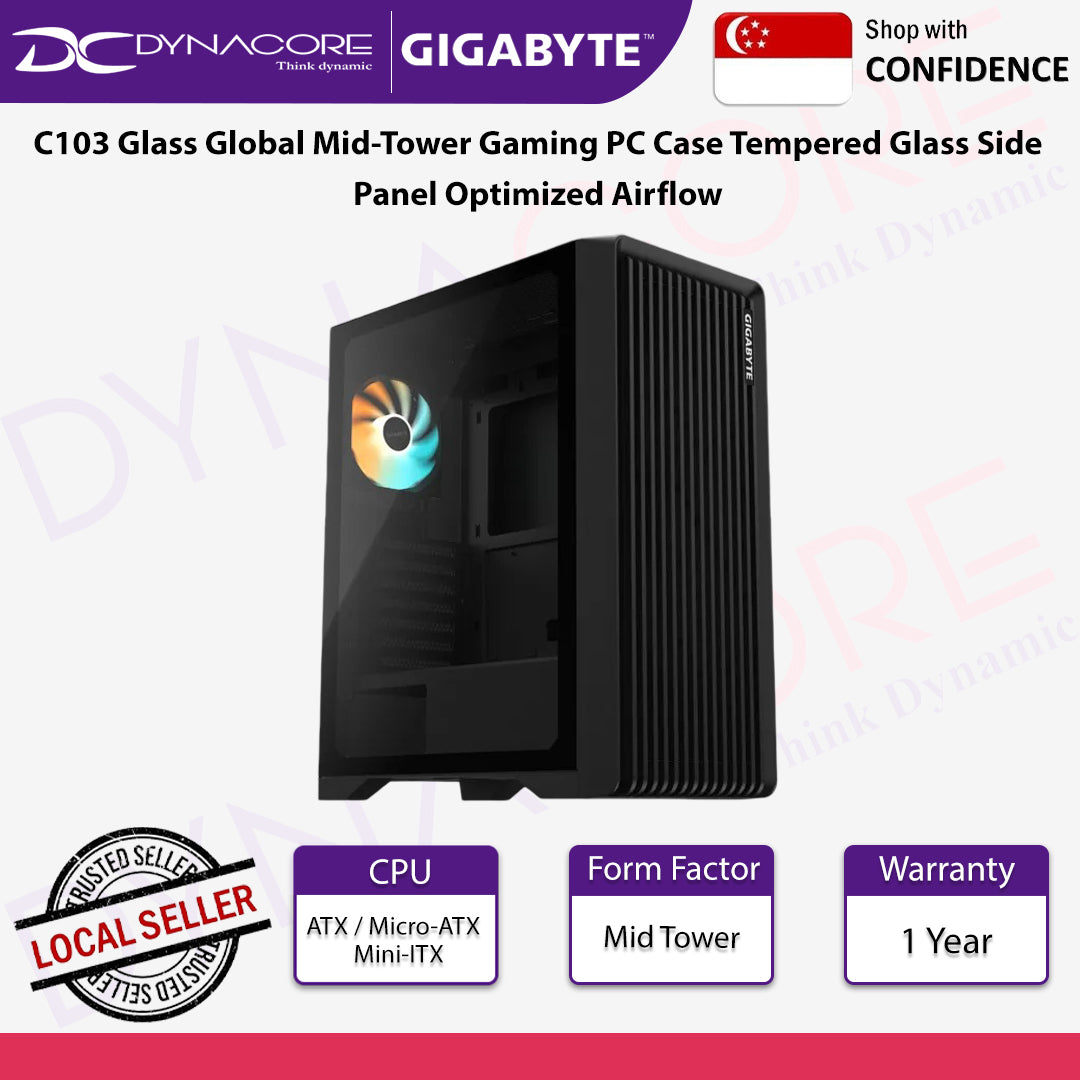 Gigabyte C103 Glass Global Mid-Tower Gaming PC Case Tempered Glass Side Panel Optimized Airflow - GIGABYTEC103G