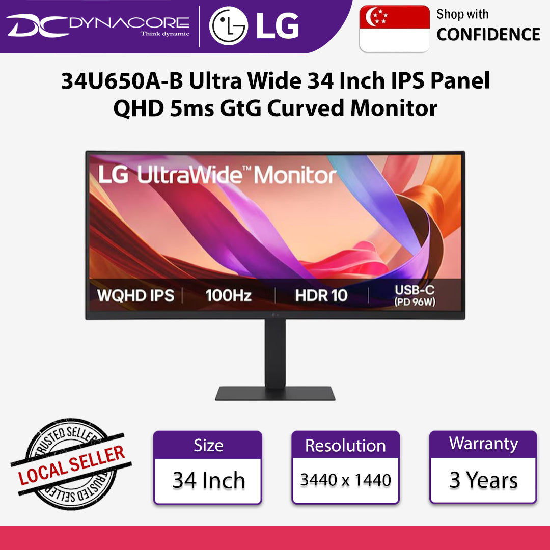 LG 34U650A-B Ultra Wide 34 Inch PC Screen IPS Panel QHD HDR 100 Hz 5ms GtG Curved Monitor - LG34U650A-B