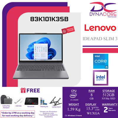 LENOVO IDEAPAD SLIM 3 83K101K3SB (i5-13420H/8GB X1 RAM+NOs/512GB SSD 2242+1s/UHD/15.3"IPS WUXGA/WIN11H) - 83K101K3SB