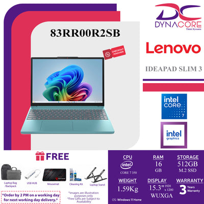 LENOVO IDEAPAD SLIM 3 83RR00R2SB LAPTOP (CORE 7 350 6C/16GB X1+NOs/512GB+NOs/INTEL/15.3"IPS-WUXGA-JELLY MINT/W11H) - 83RR00R2SB