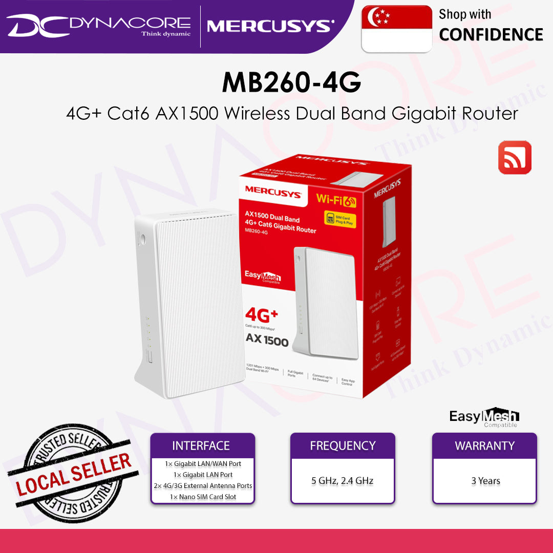 MERCUSYS MB260-4G 4G+ Cat6 AX1500 Wireless Dual Band Gigabit Sim Card Router - 6957939002145
