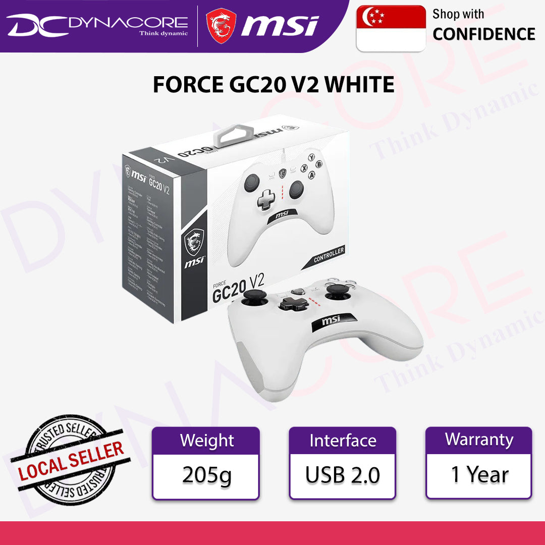 MSI Force GC20 V2 Gaming Wired Dual Vibration Gaming Controller for PC and Android - WHITE - MSIFORCEGC20V2WHITE