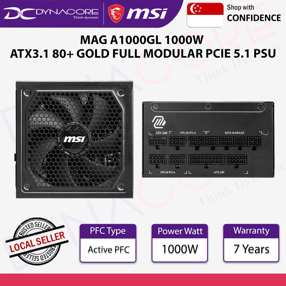 MSI MAG A1000GL 1000W ATX3.1 80+ GOLD FULL MODULAR PCIE 5.1 PSU - MSIMAGA1000GLPCIE5