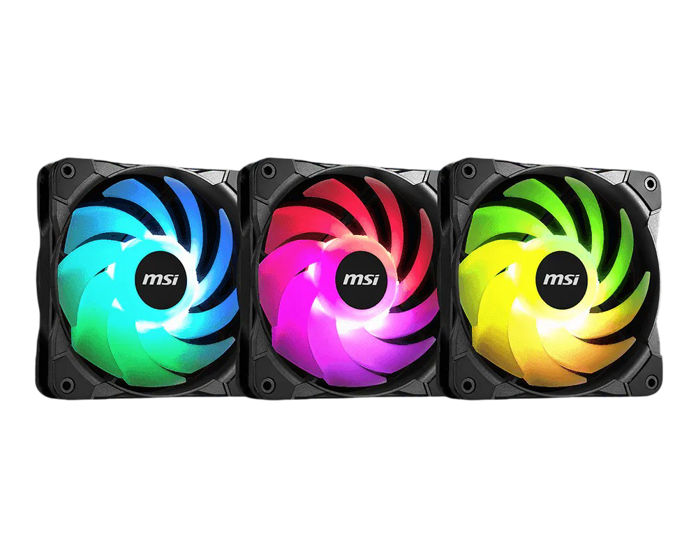 MSI MAG MAX F12A-3 RGB 120mm Fan 3 Pack, A-RGB, Hydro Bearing, 4-pin PWM, Anti-Vibration, Mystic Light Extension - MSIMAGMAXF12A3