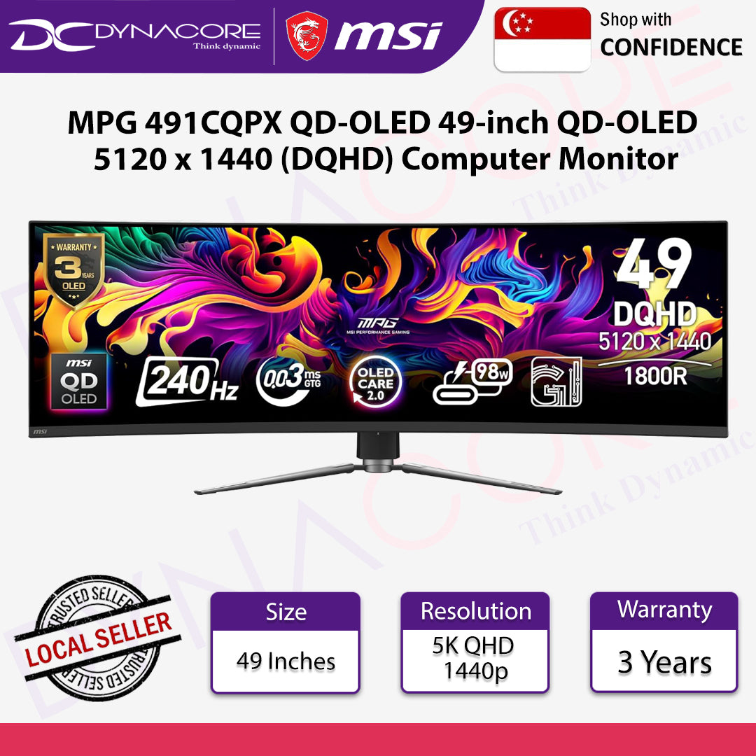 MSI MPG 491CQPX QD-OLED 49-inch QD-OLED 5120 x 1440 (DQHD) Computer Monitor 240Hz, Height Adjustable, Speaker, 0.03ms - MSIMPG491CQPXQDOLED