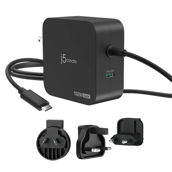 J5create 102W GaN PD USB-C® 2-Port Charger with Changeable AC Plugs - JUP25102V - 4712795088342