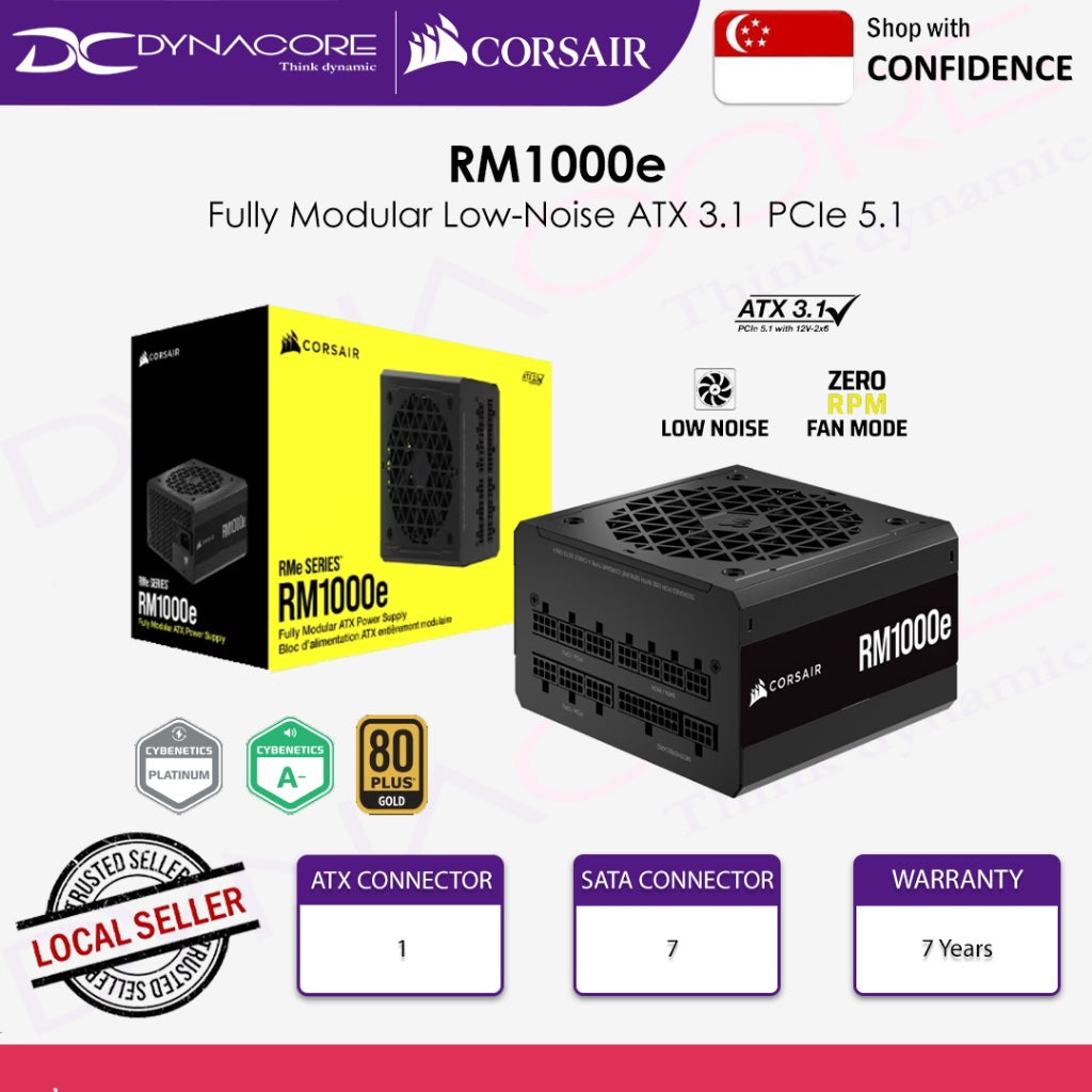 CORSAIR RMe Series RM1000e 1000W Fully Modular Low-Noise ATX 3.1 PCIe 5.1 Power Supply - 840006691389