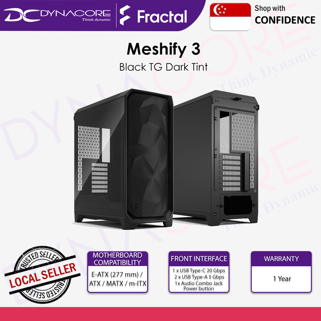Fractal Design Meshify 3 Black TG Light Tint ATX Mid Tower PC Case - FDMESHIFY3BLKTG