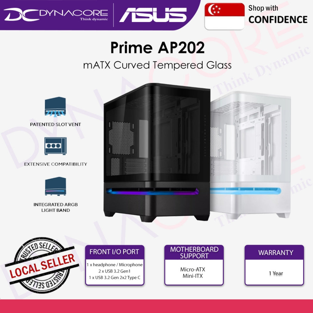 Asus Prime AP202 Tempered Curved Glass mATX PC Case - Black / White