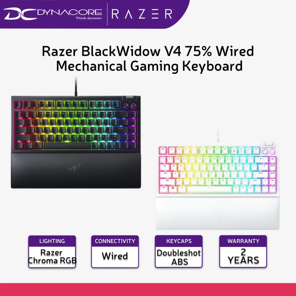 Razer BlackWidow V4 75% Wired Mechanical Gaming Keyboard - Black / White - 8887910072974 / 8887910072271