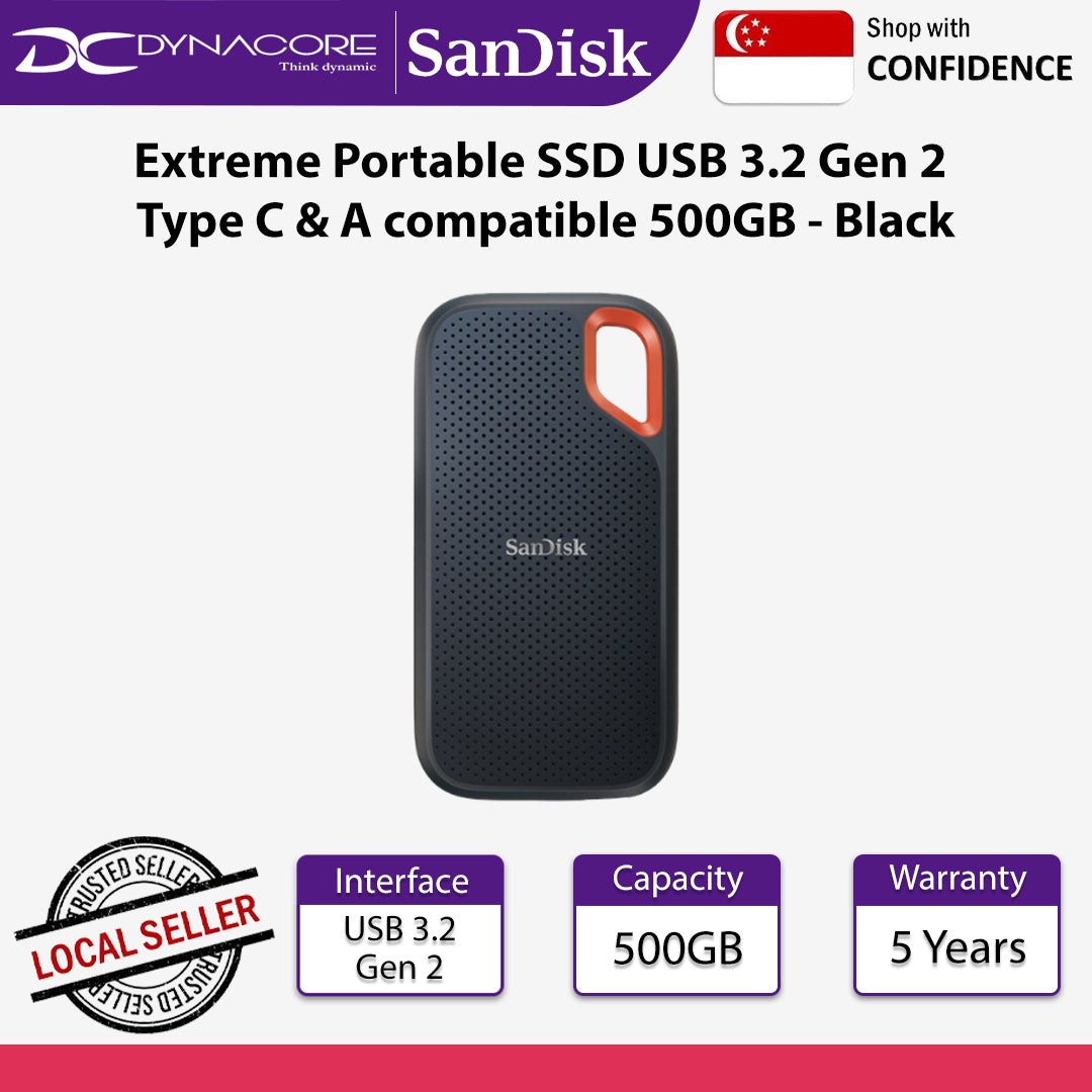 SanDisk Extreme Portable SSD SDSSDE61 USB 3.2 Gen 2 Type C and Type A compatible 500GB Black - 619659182588