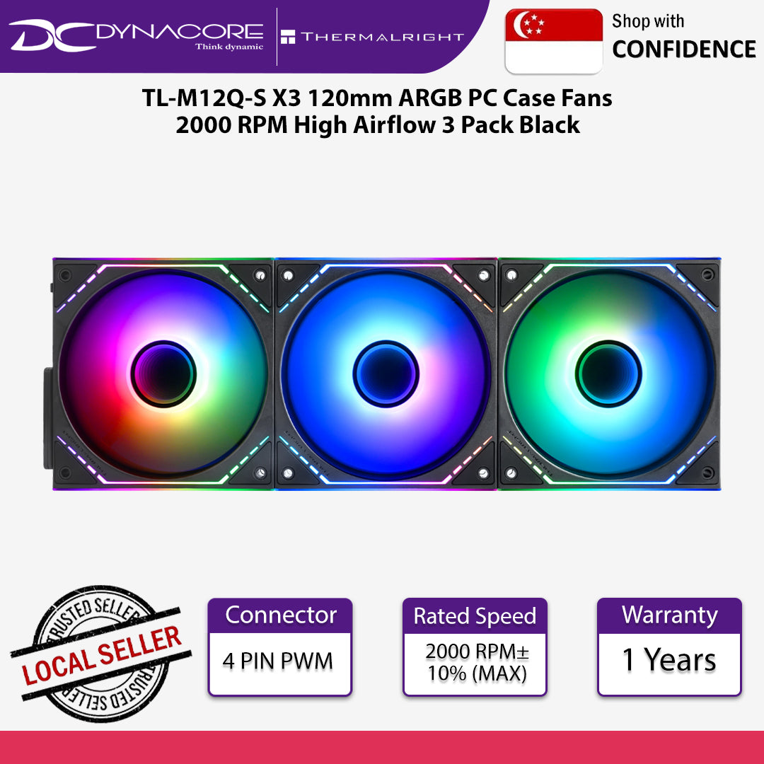 Thermalright TL-M12Q-S X3 120mm ARGB PC Case Fans 2000 RPM High Airflow 3 Pack Black - 814256022231