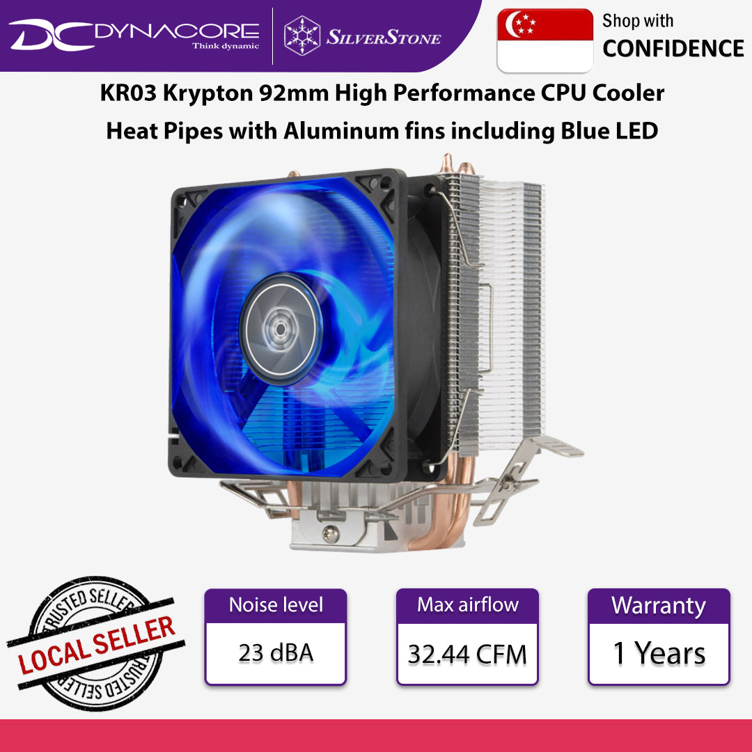 SilverStone KR03 Krypton 92mm High Performance CPU Cooler Heat Pipes with Aluminum fins including Blue LED - SST-KR03
