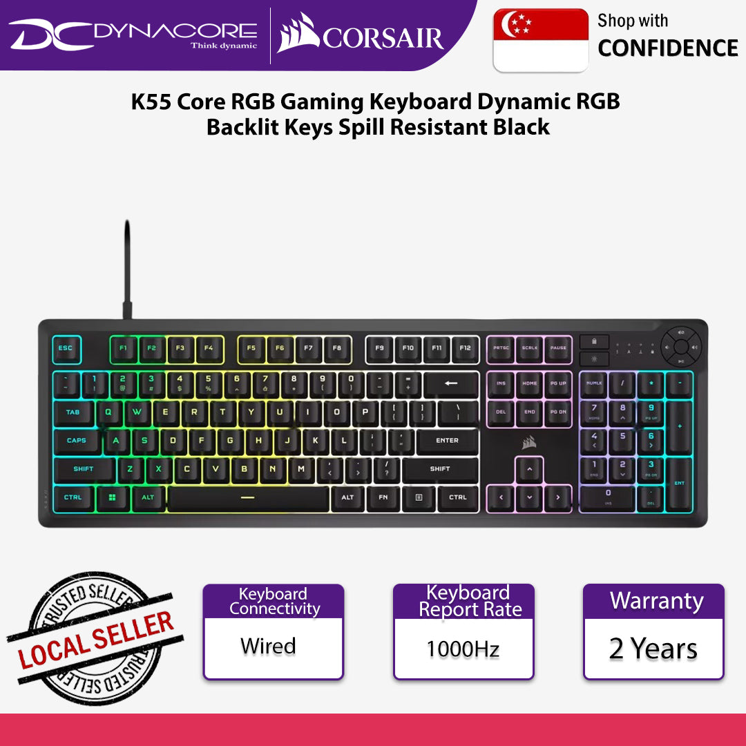 Corsair K55 Core RGB Gaming Keyboard Dynamic RGB Backlit Keys Spill Resistant Black - 840006666547