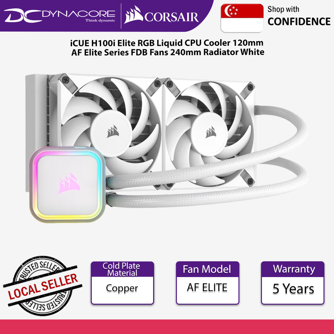 Corsair iCUE H100i Elite RGB Liquid CPU Cooler 120mm AF Elite Series FDB Fans 240mm Radiator White - 840006600282