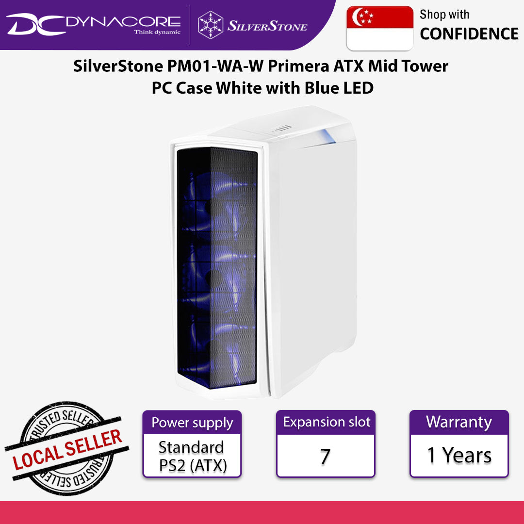 SilverStone PM01-WA-W Primera ATX Mid Tower PC Case White with Blue LED - SST-PM01-WA-W