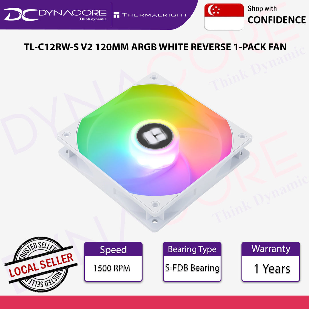 Thermalright TL-C12RW-S V2120mm ARGB Reverse Case Cooler Fan - White - 1-Pack - 814256014274