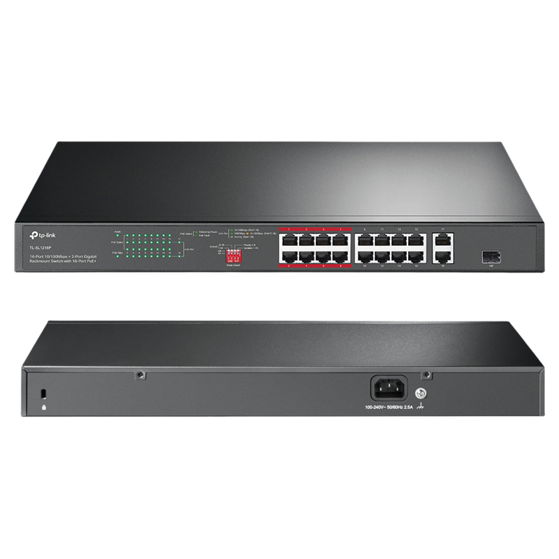 TP-Link TL-SL1218P 16-Port 10/100 Mbps + 2-Port Gigabit Rackmount Switch with 16-Port PoE+ - 6935364052829
