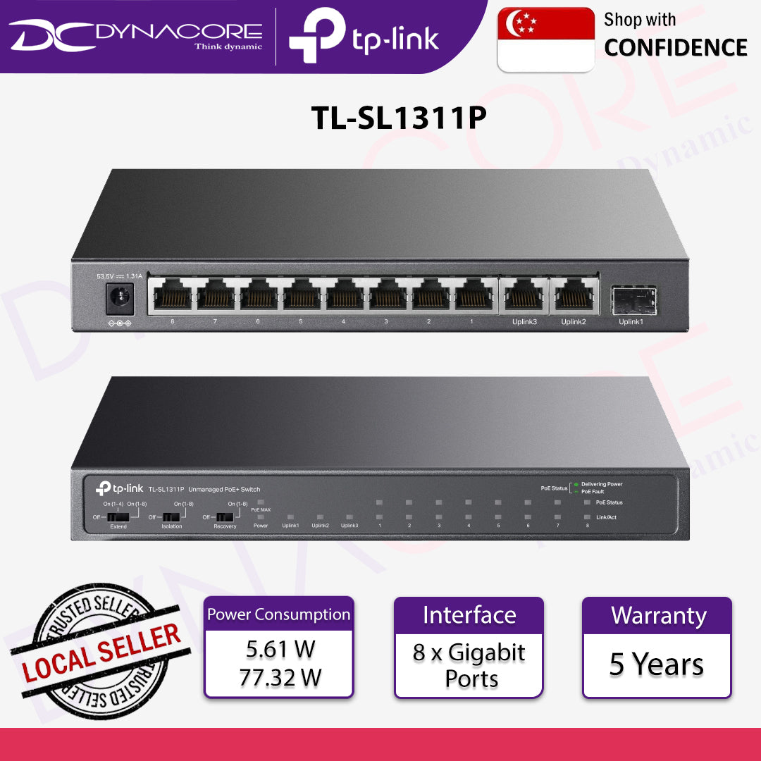 TP-Link TL-SL1311P 8-Port 10/100Mbps + 3-Port Gigabit Desktop Switch with 8-Port PoE+ - 4895252500288