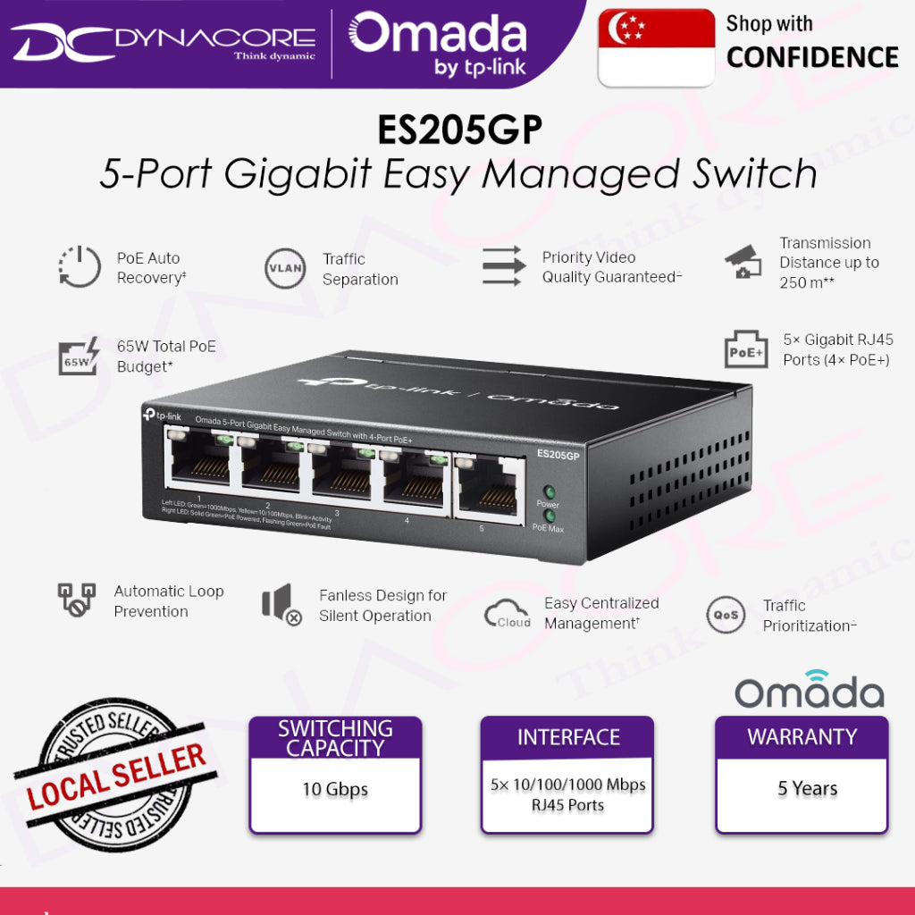 TP-LINK ES205GP Omada 5-Port Gigabit Easy Managed Switch with 4-Port PoE+ (5Y BLT) - 8885020620931