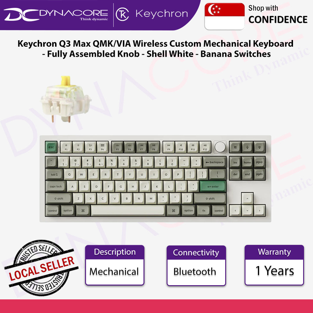 Keychron Q3 Max QMK/VIA Wireless Custom Mechanical Keyboard - Shell White - Banana Switches - 4895248865544