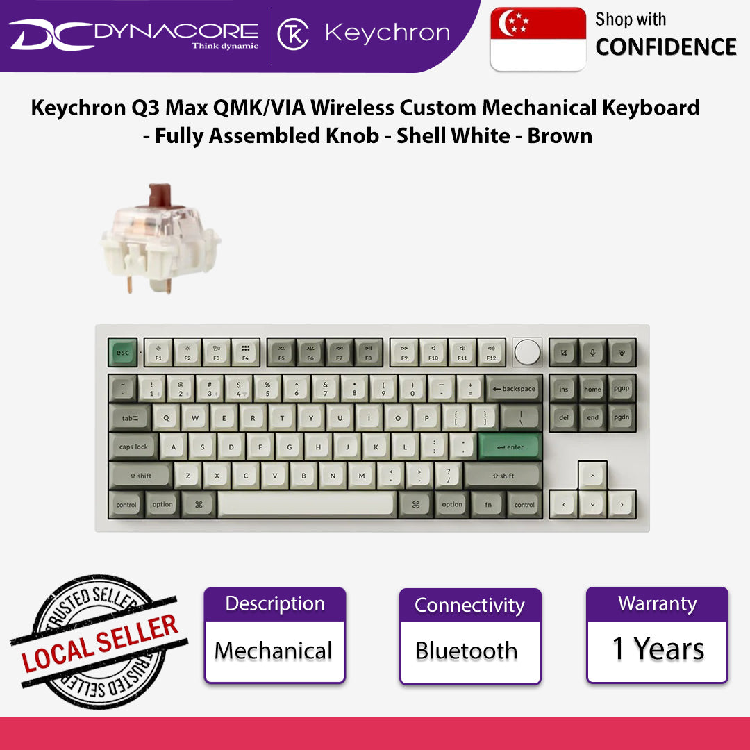 Keychron Q3 Max QMK/VIA Wireless Custom Mechanical Keyboard - Shell White - Brown - 4895248865537