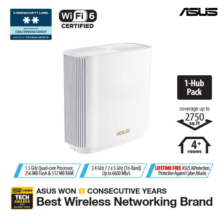 ASUS XT8-ZENWIFI (WHITE 1-PK) WIFI6 TRI-BAND AX6600 AIMESH MESH ROUTER 1PK WHITE - XT8 (W-1-PK)