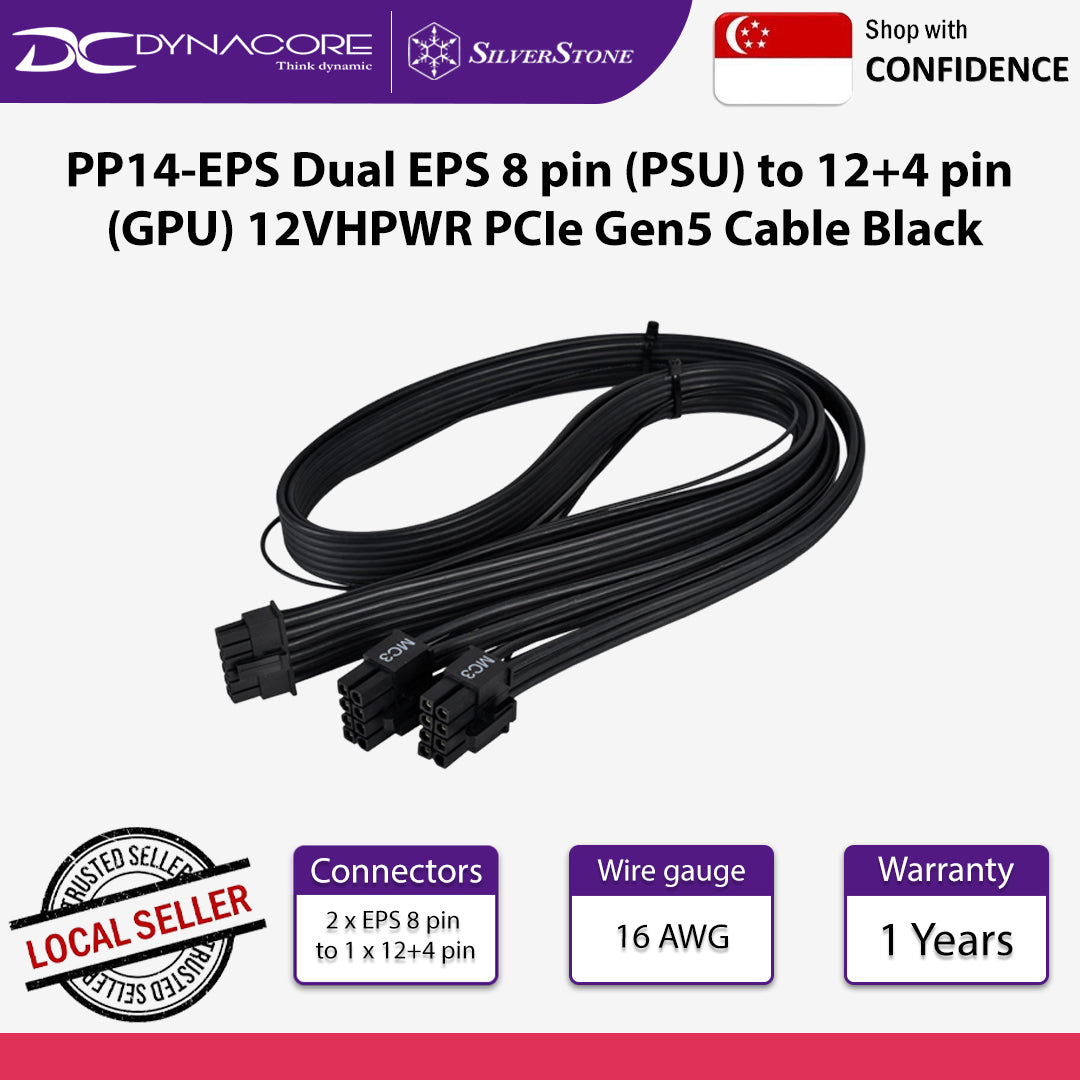 SilverStone PP14-EPS Dual EPS 8 pin (PSU) to 12+4 pin (GPU) 12VHPWR PCIe Gen5 Cable Black - SST-PP14-EPS