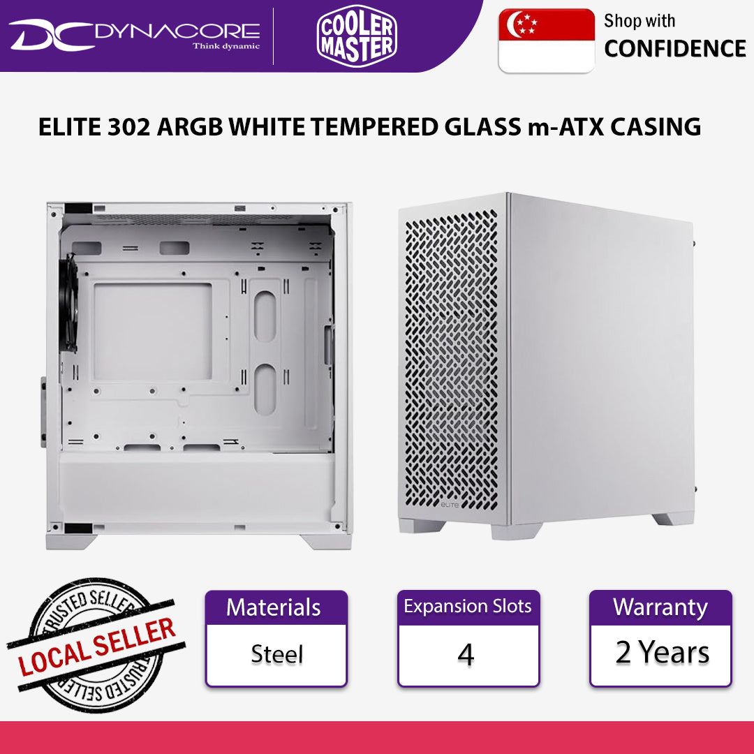 Cooler Master Elite 302 ARGB Tempered Glass M-ATX Mini Tower Case White - CMELITE302ARGBWHT