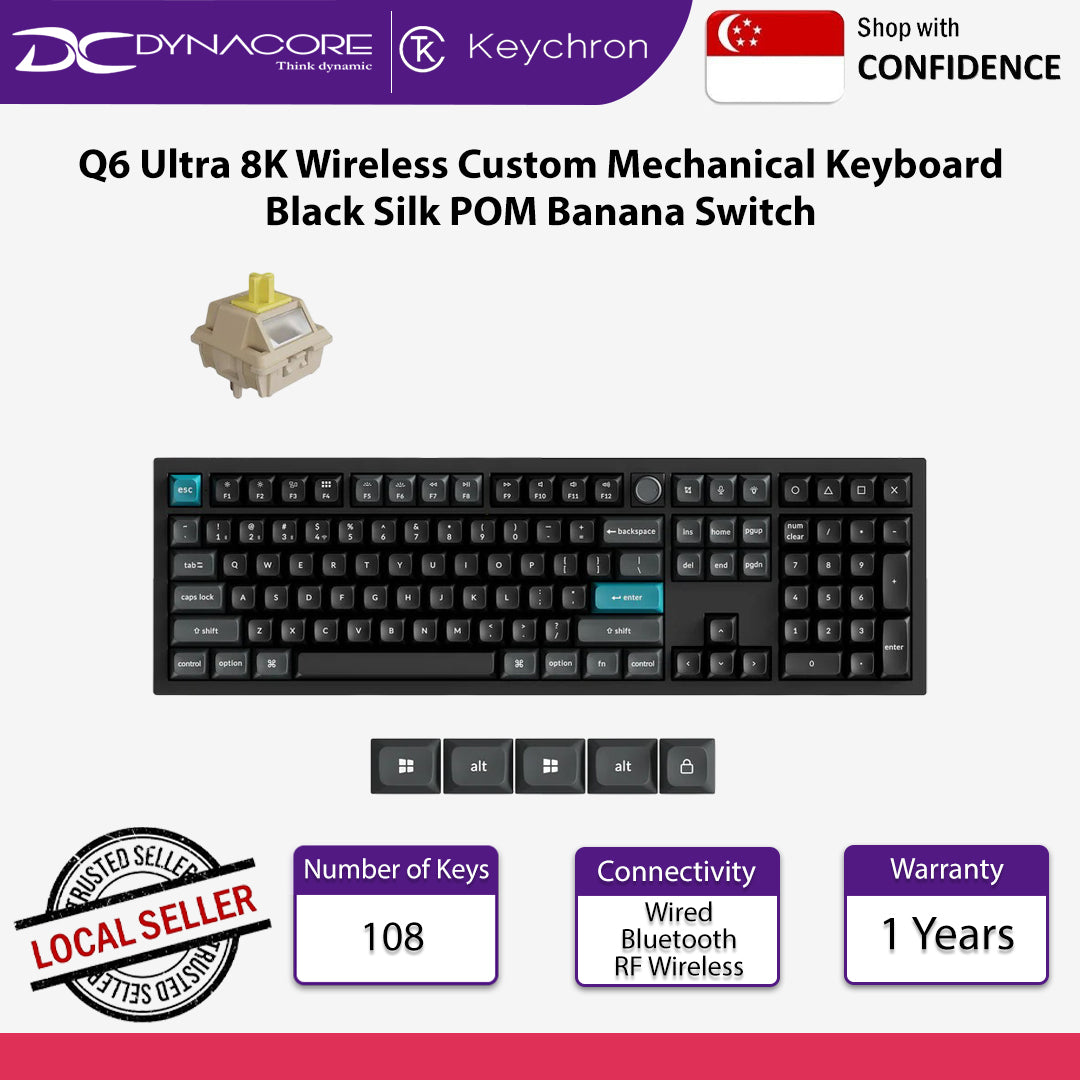 Keychron Q6 Ultra 8K Wireless Custom Mechanical Keyboard Black Silk POM Banana Switch - 4894979048622