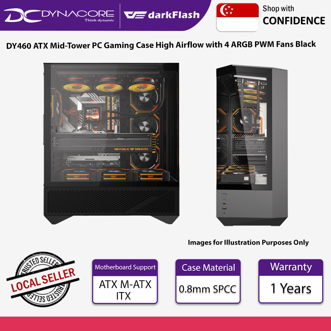 DarkFlash DY460 ATX Mid-Tower PC Gaming Case High Airflow with 4 ARGB PWM Fans Black - DY460 BLACK (4FANS)