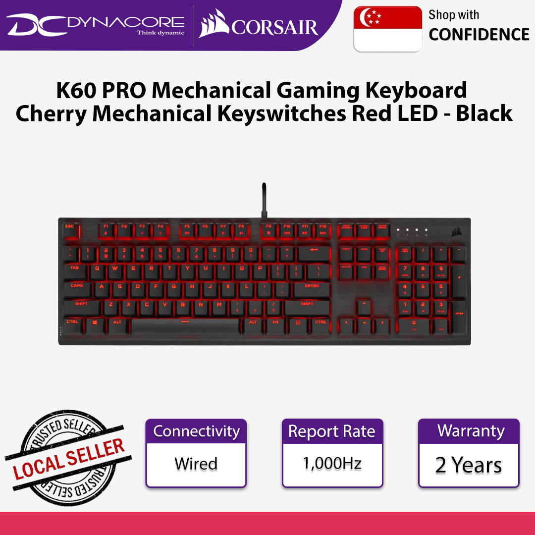Corsair K60 PRO Mechanical Gaming Keyboard Cherry Mechanical Keyswitches Red LED - Black - 840006626398