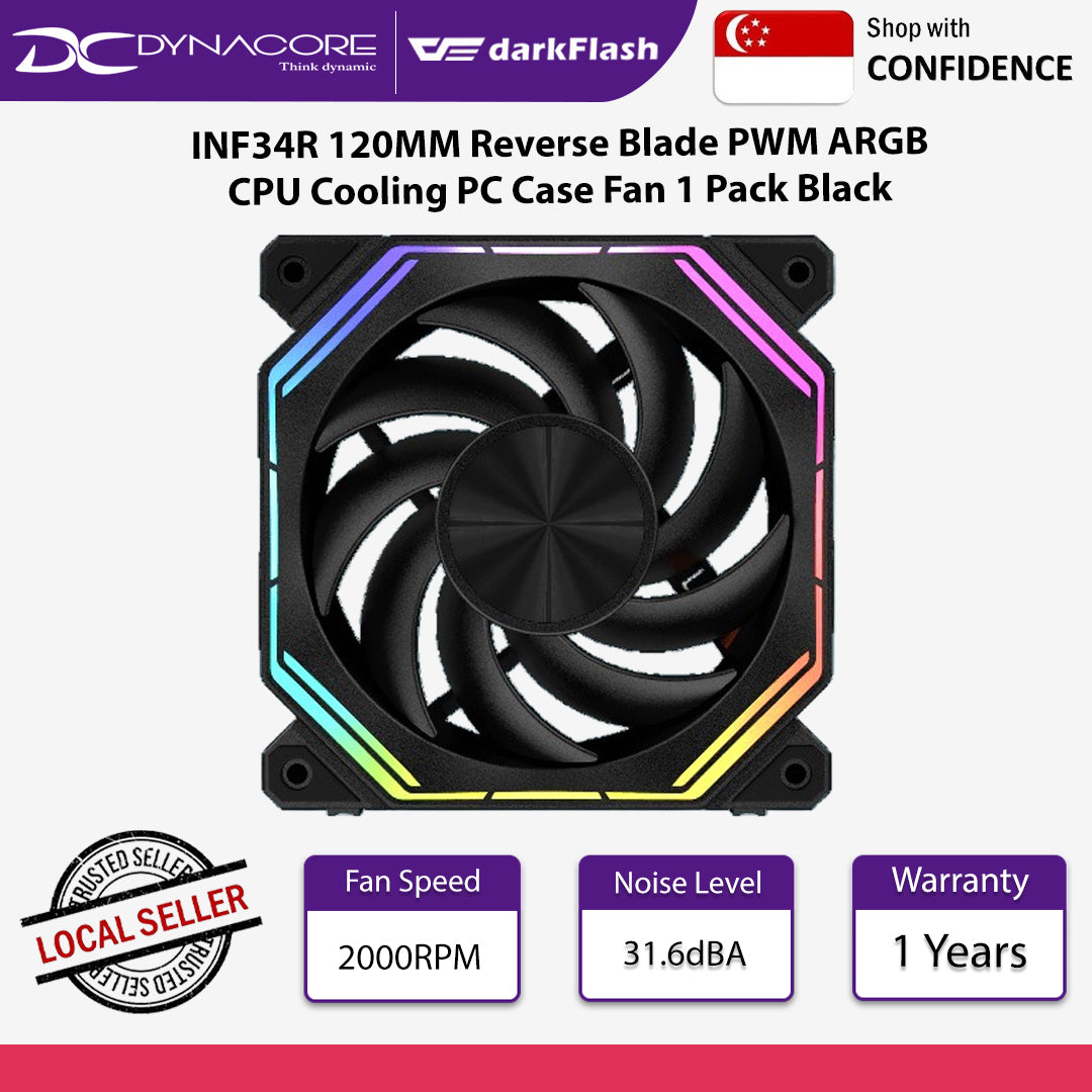 DarkFlash INF34R 120MM Reverse Blade PWM ARGB CPU Cooling PC Case Fan 1 Pack Black - INF34R BLACK(1-PK)