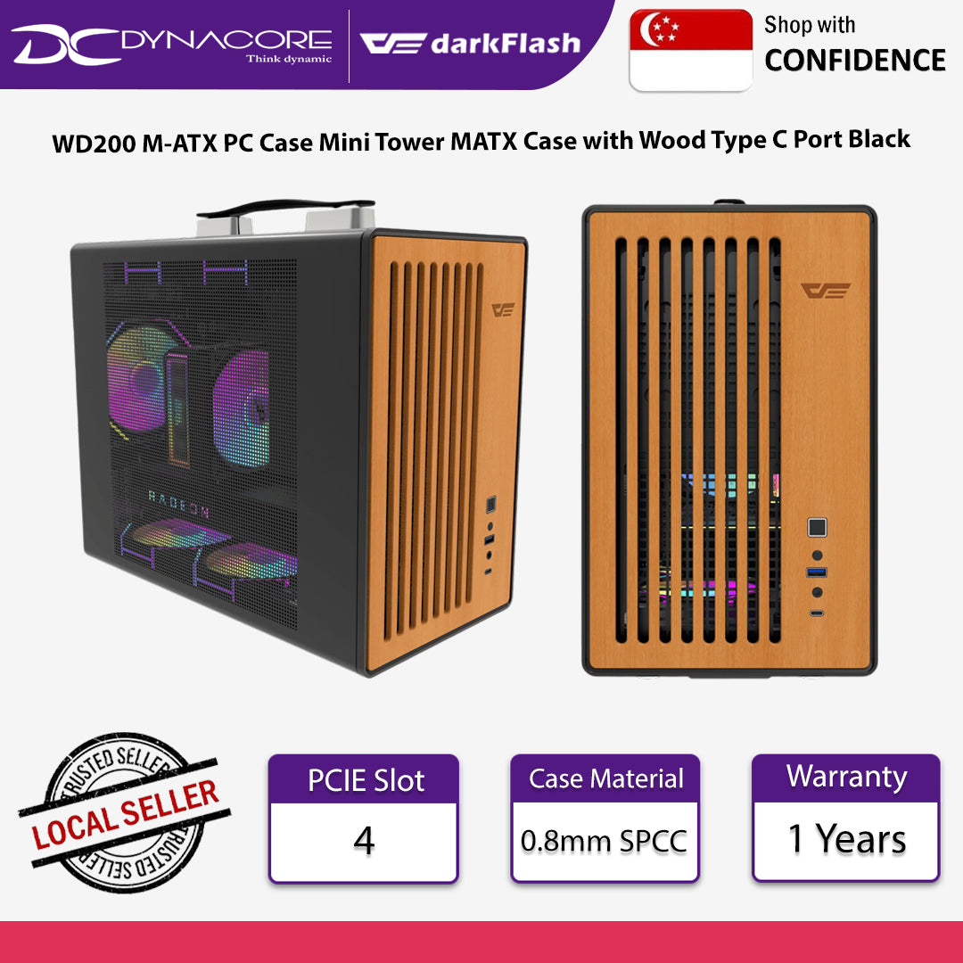 DarkFlash WD200 M-ATX PC Case Mini Tower MATX Case with Wood Type C Port Black - WD200 BLACK (TYPE C)