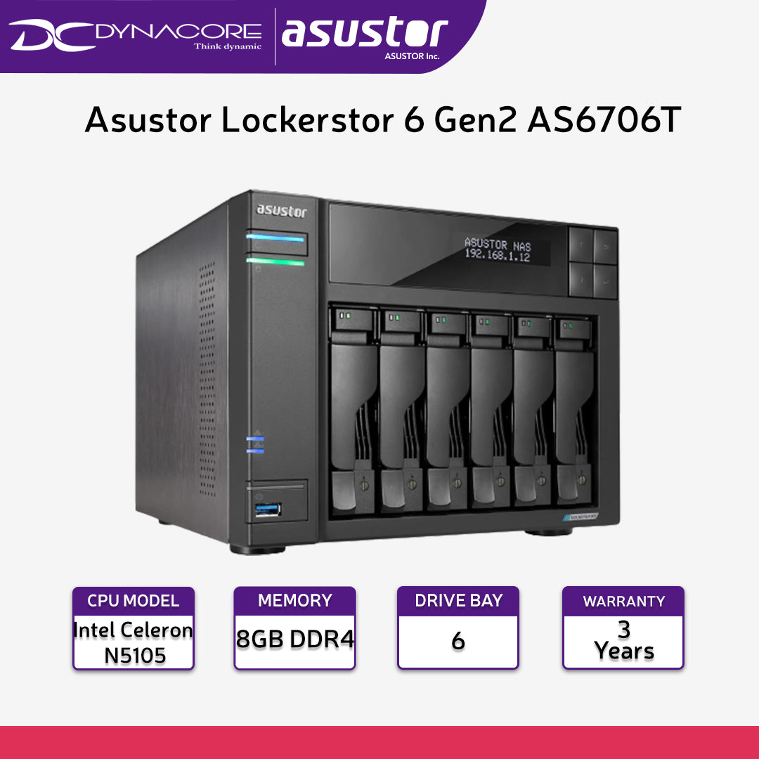 Asustor Lockerstor 6 Gen2 AS6706T 6 Bay NAS, 4X M.2 NVMe Slots, 2 x 2.5GbE, 8GB DDR4 RAM Network Attached Storage - 887372901629