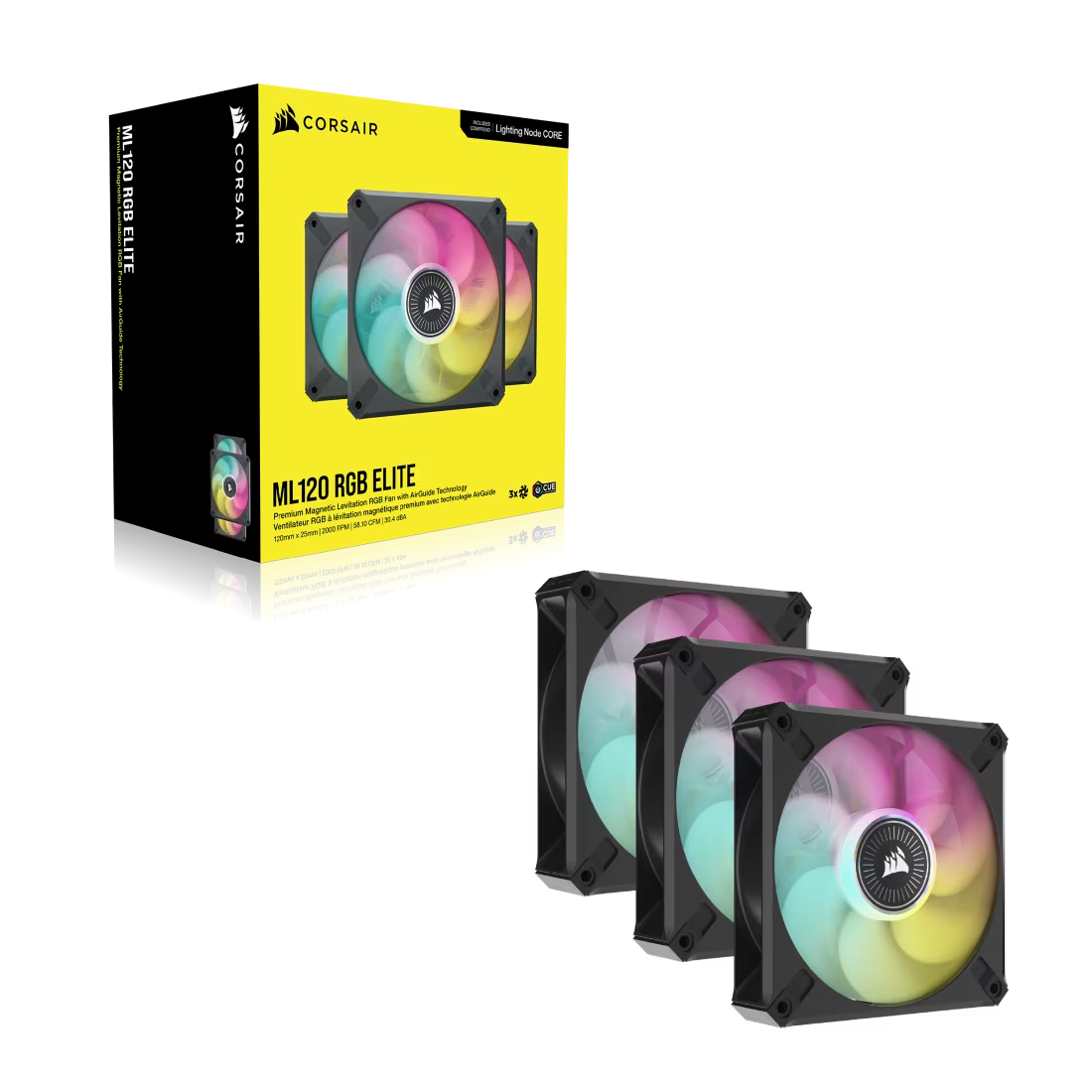 Corsair ML120 RGB ELITE 120mm Magnetic Levitation RGB Fan Triple Pack with Lighting Node CORE - Black - CS-CO-9050113-WW