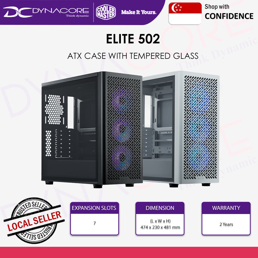 Cooler Master Elite 502 Steel Tempered Glass ATX Case with 3 x 120mm ARGB Fans