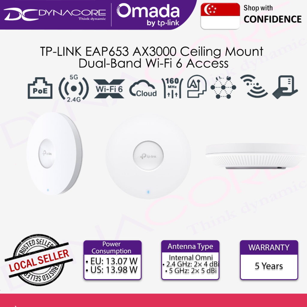 TP-LINK EAP653 AX3000 Ceiling Mount Dual-Band Wi-Fi 6 Access Point (5Y BLT) - 4897098685235