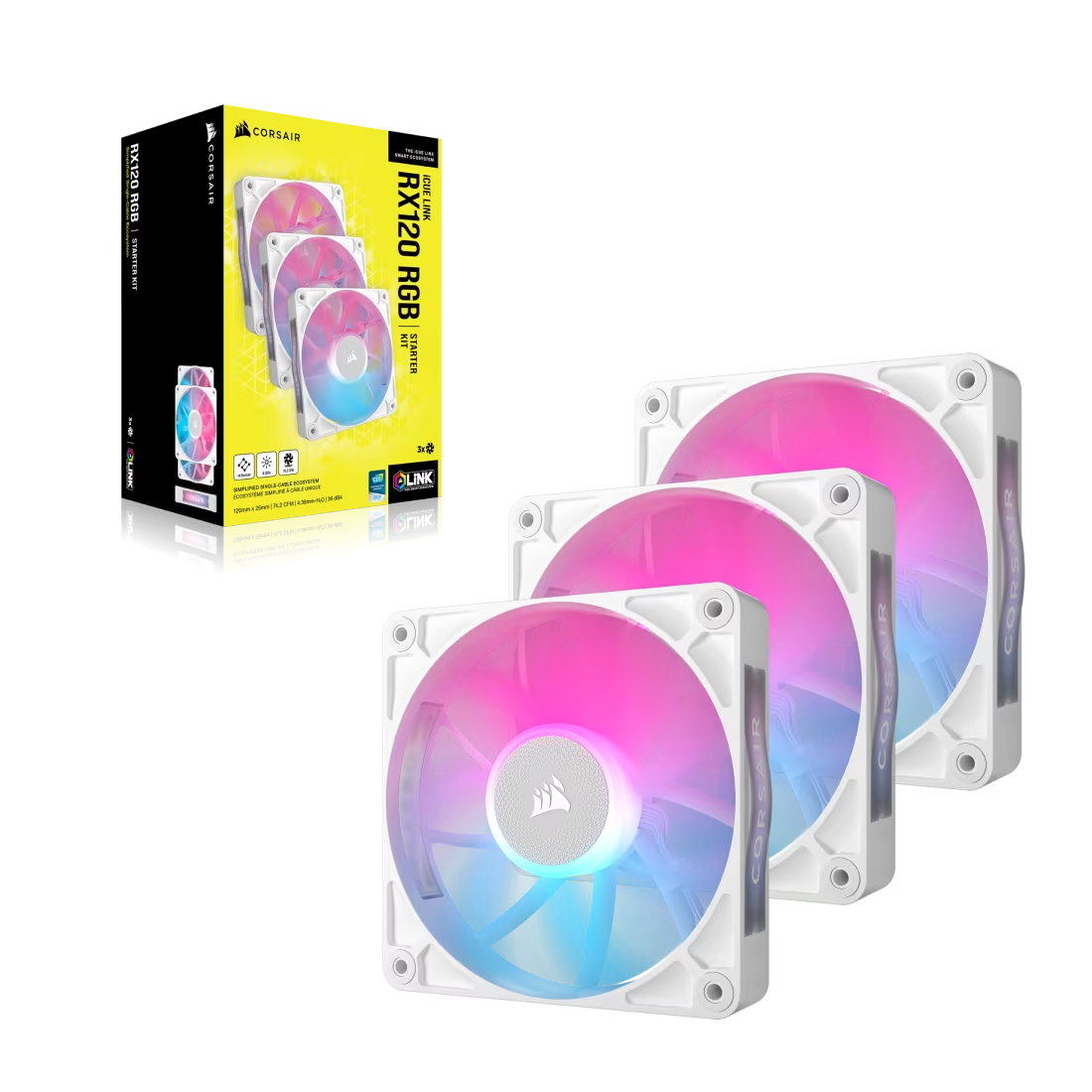 Corsair RX RGB Series iCUE LINK RX120 RGB 120mm Fan Starter Kit Triple Pack - White - 840006680963