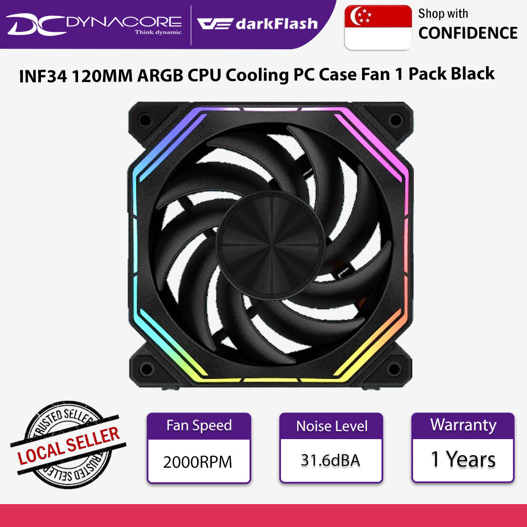 DarkFlash INF34 120MM ARGB CPU Cooling PC Case Fan 1 Pack Black - INF34 BLACK (1PK)