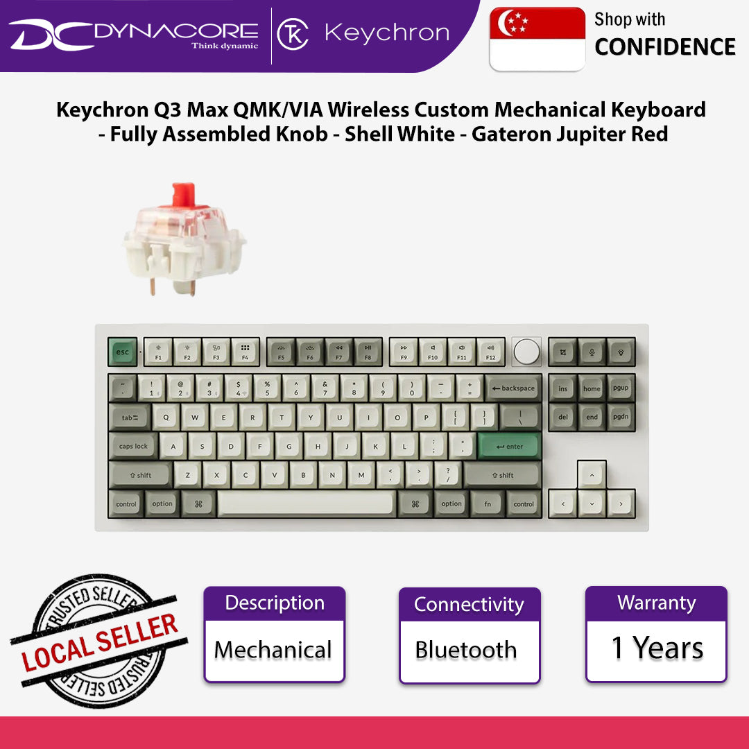 Keychron Q3 Max QMK/VIA Wireless Custom Mechanical Keyboard - Shell White - Gateron Jupiter Red - 4895248865520