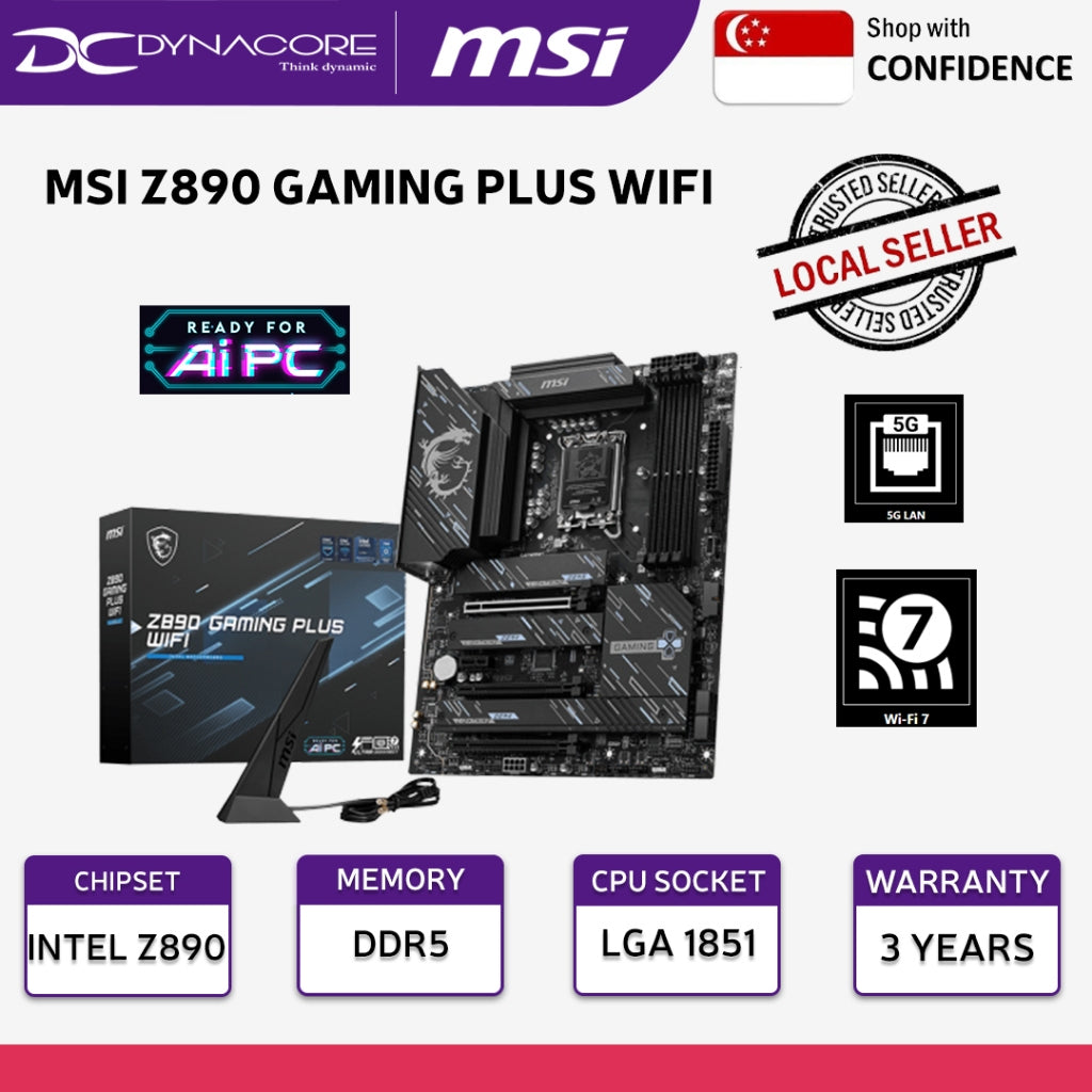 MSI Z890 GAMING PLUS WIFI ATX Motherboard Intel Z890 LGA 1851 |DDR5 9200mhz | USB C | AI ready - 4711377257718
