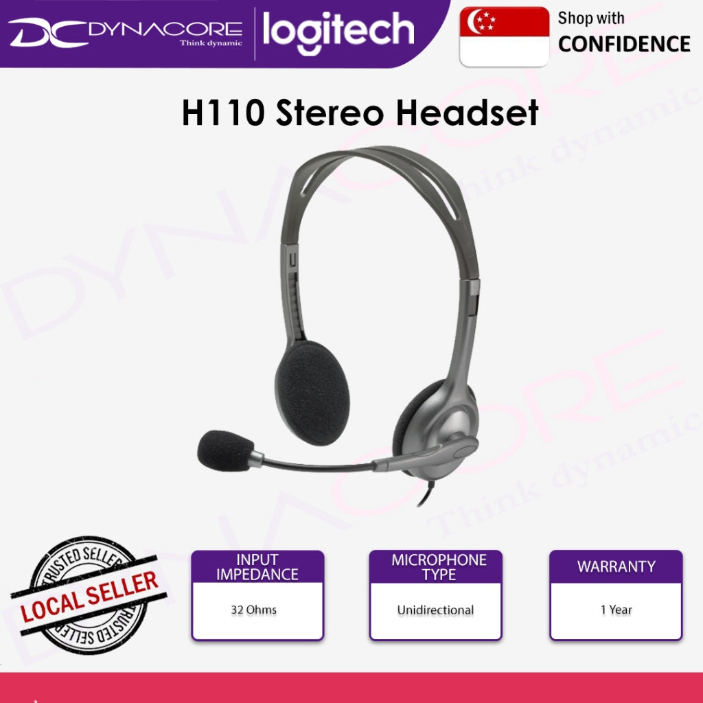 Logitech H110 Wired Stereo Computer Headset Dual plug 3.5mm with Microphone Grey (1 YEAR ) - 097855083029