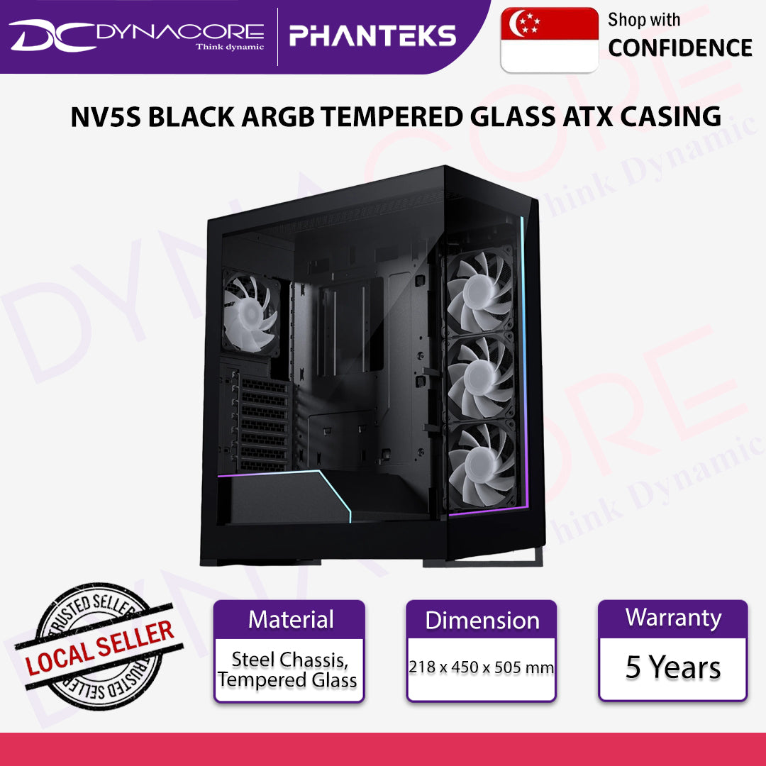 Phanteks NV5S Black Tempered Glass Steel ATX Mid-Tower Desktop Chassis - PHANV5SBLK