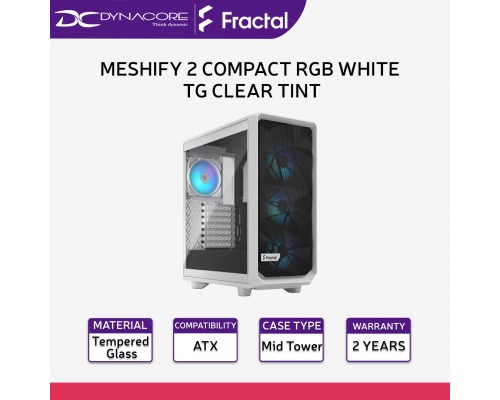 Fractal Design Meshify 2 Compact RGB White TG Clear Tint ATX Computer Case - FDMESHIFY2COMPACTRGBWHTTGCT