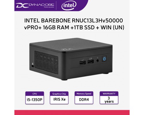 INTEL BAREBONE RNUC13L3Hv50000 vPRO NUC 13 PRO KIT (i5-1350P, DDR4, IRIS Xe, USB-C X2, NO CORD) 3YEARS WARRANTY + 16GB RAM +1TB SSD + WIN10/WIN11 HOME/PRO UNACTIVATE - 5032037270977+16GB+1TB+WIN(UN)