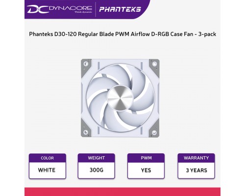 ["FREE DELIVERY"] - Phanteks D30-120 Regular Blade White 120mm PWM Airflow D-RGB Case Fan - 3-pack - 886523002956