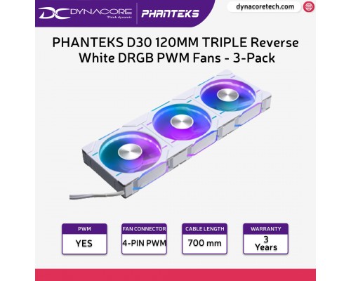 PHANTEKS D30 120MM TRIPLE Reverse White DRGB PWM Fans - 3-Pack - 886523003069